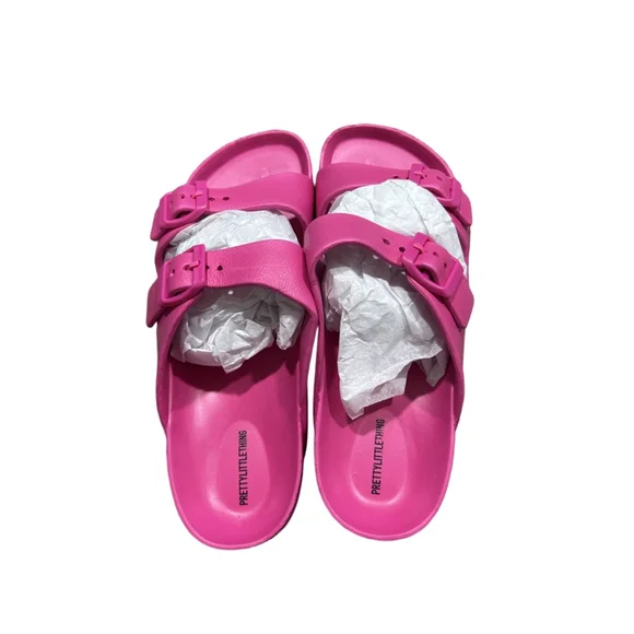 New without box PrettyLittleThing Pink Double Buckle Rubber Pink Sliders size 7 - Picture 2 of 6
